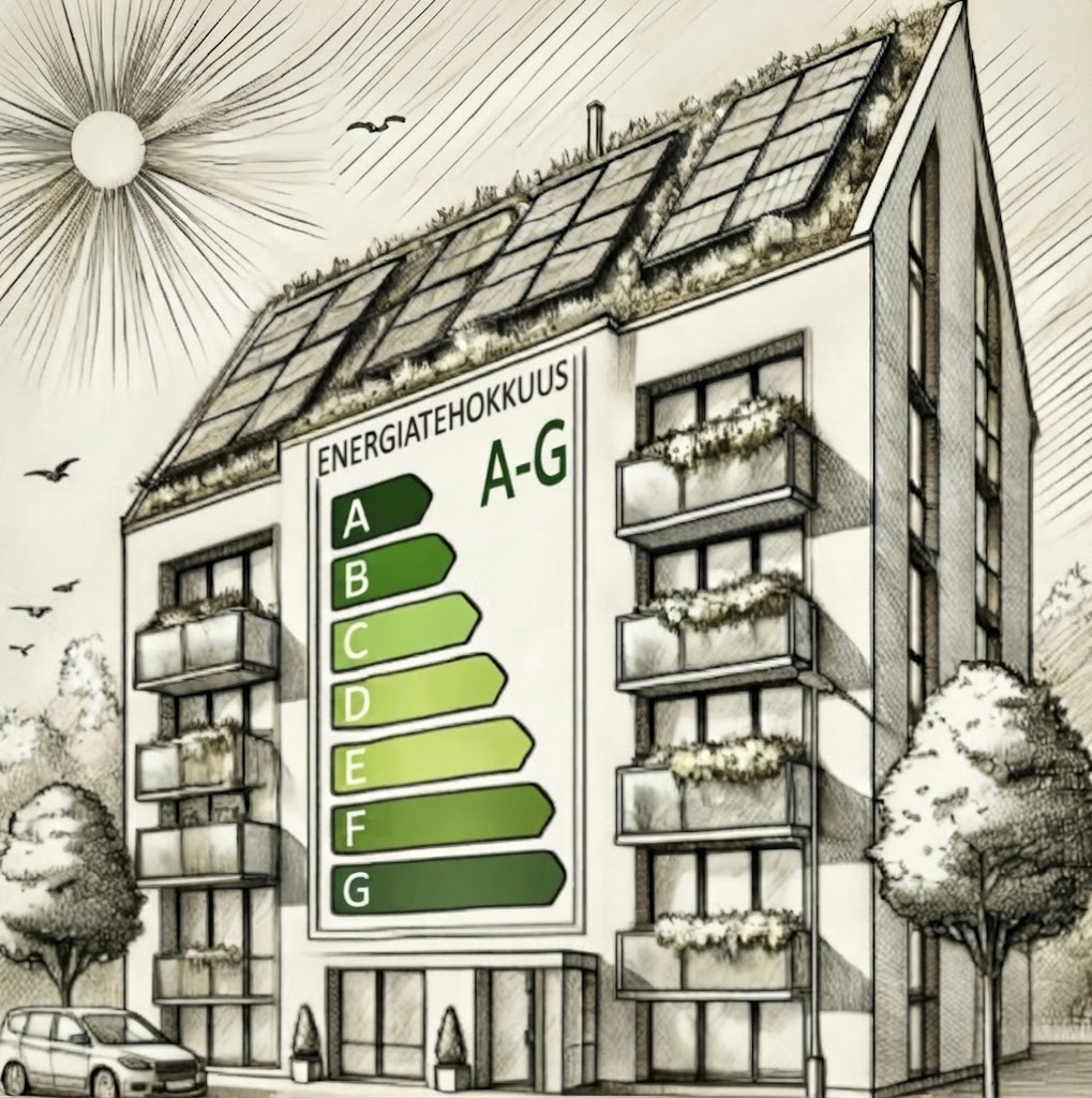 Piirroskuva kerrostalosta, jonka seinässä energiatehokkuusluokat A–G